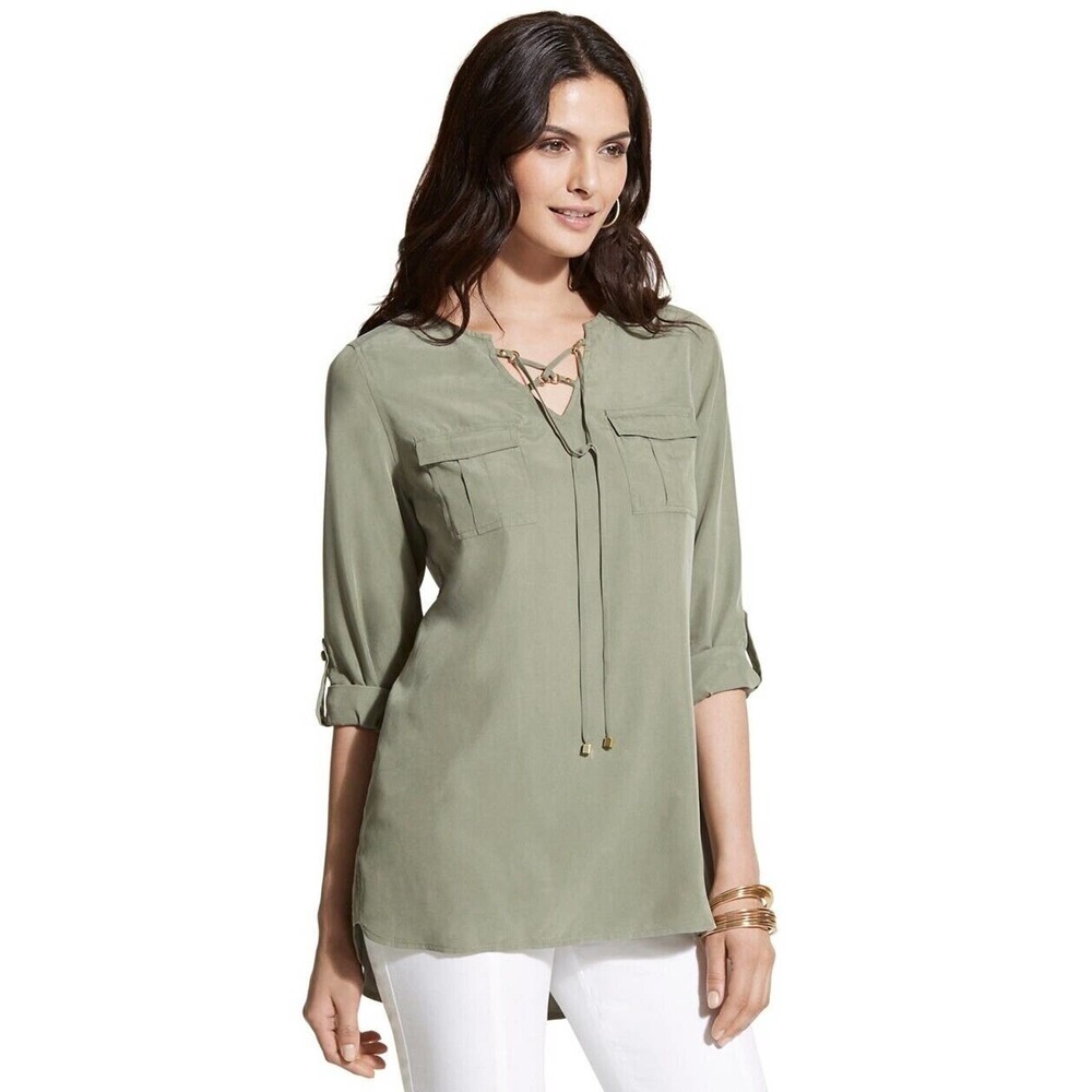 Chico's Size 2/L 12-14 Secretly Smooth Linda Top Lace-Up Long Sleeve Green